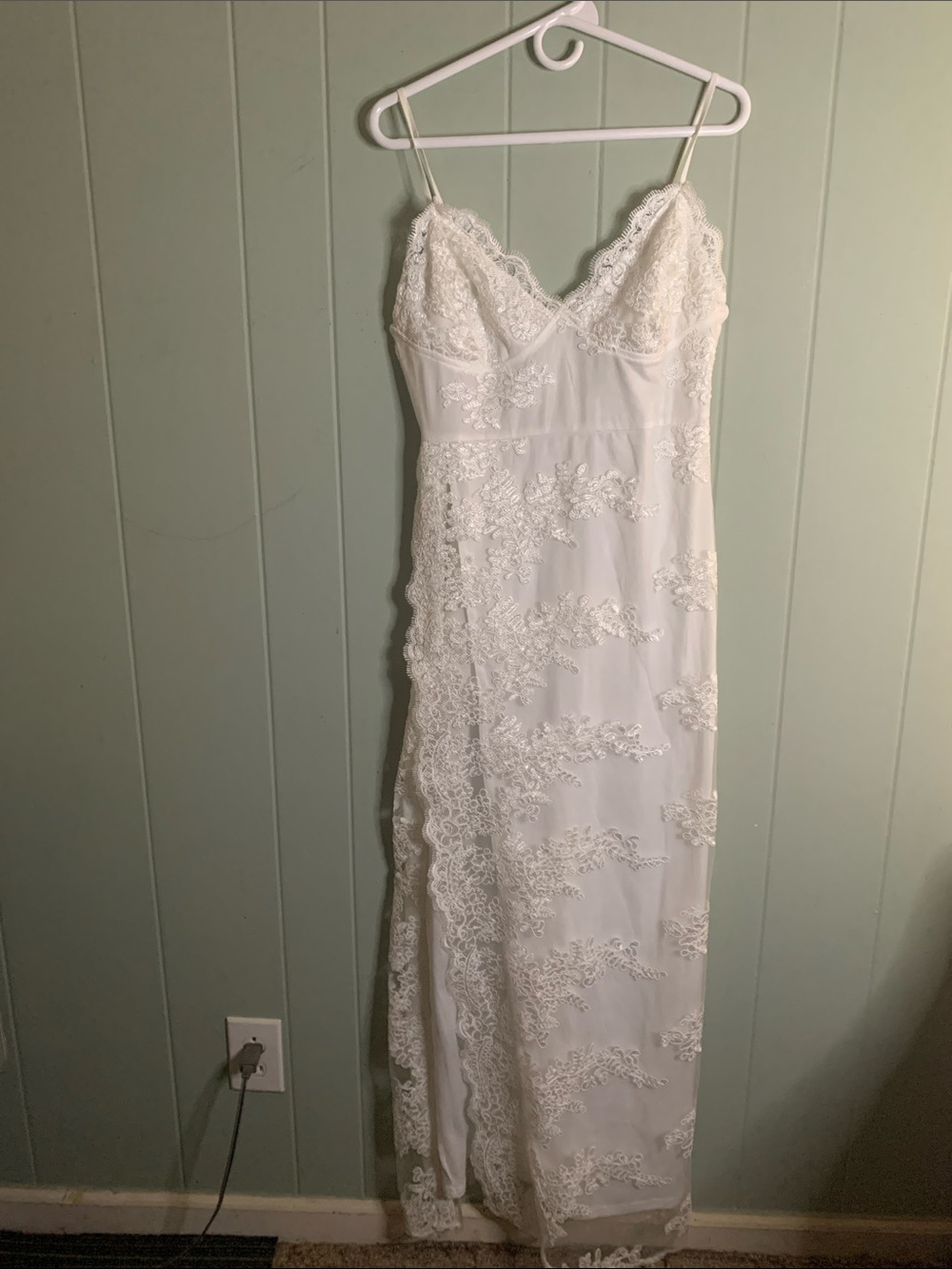 Fashion Nova White Lace Slip Dress with Scalloped Trim